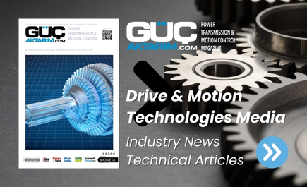 Cover of GUC Aktarım magazine featuring a gear and a technical illustration, promoting drive and motion technologies, with text highlighting industry news and technical articles.