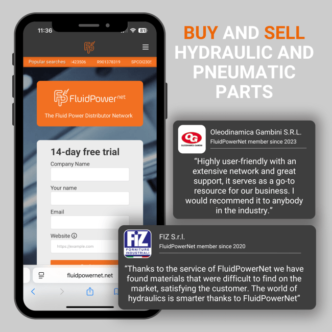 Mobile phone displaying the FluidPower.net website offering hydraulic and pneumatic parts for buying and selling. Features a free trial sign-up form and testimonials from two companies praising the service.